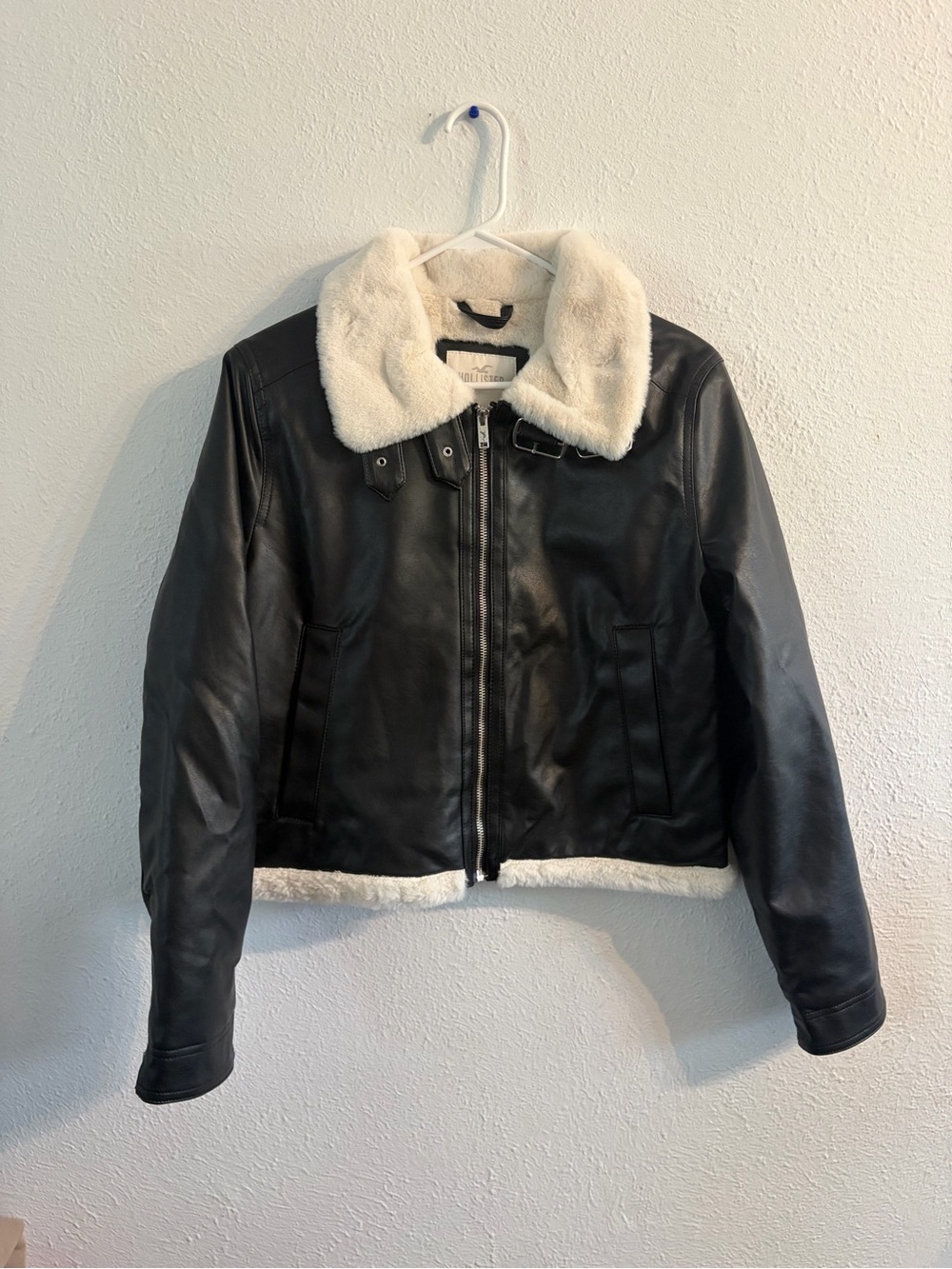 Hollister Black Faux Leather Jacket with Cream Faux Fur Trim